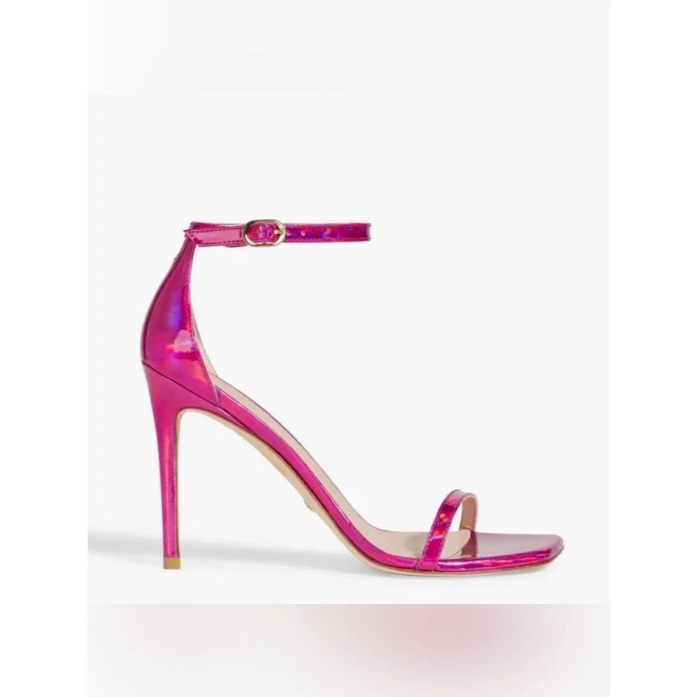 Stuart Weitzman Nudistcurve 100 Metallic Pink Stiletto Square Toe Sandals Sz 7B - Picture 14 of 16